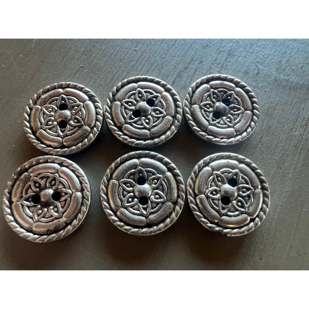 Vintage Metal Floral Buttons 0.75" Silver Tone Ornate Rope Edge 6pc Medi